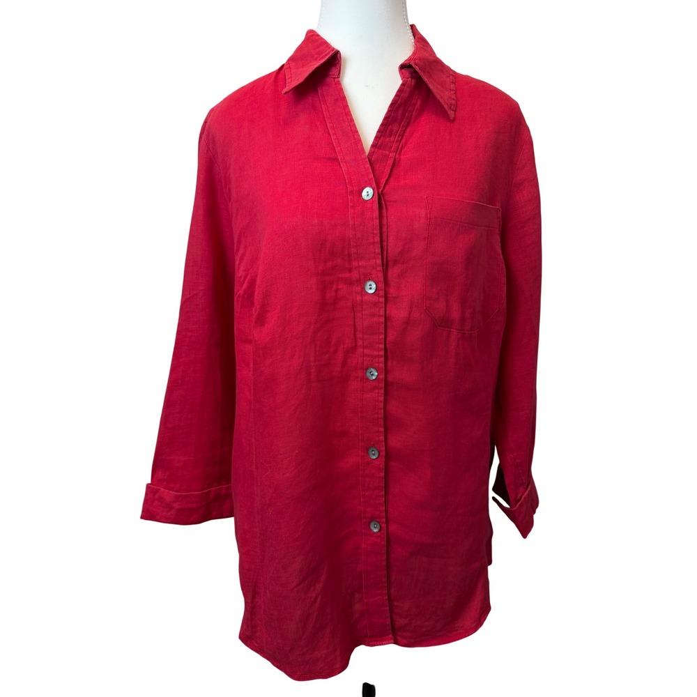 Dressbarn Woman Red 100% Linen Button Down Shirt Plus Size 14/16W Pocket Top